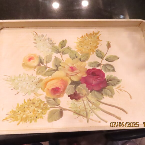 White Handpainted Shabby Chic Wood Serving Tray Rose Floral Handle cut out 17.5" - Picture 3 of 6